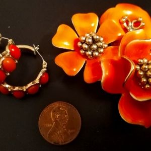 Orange enamel flower brooch and earrings set